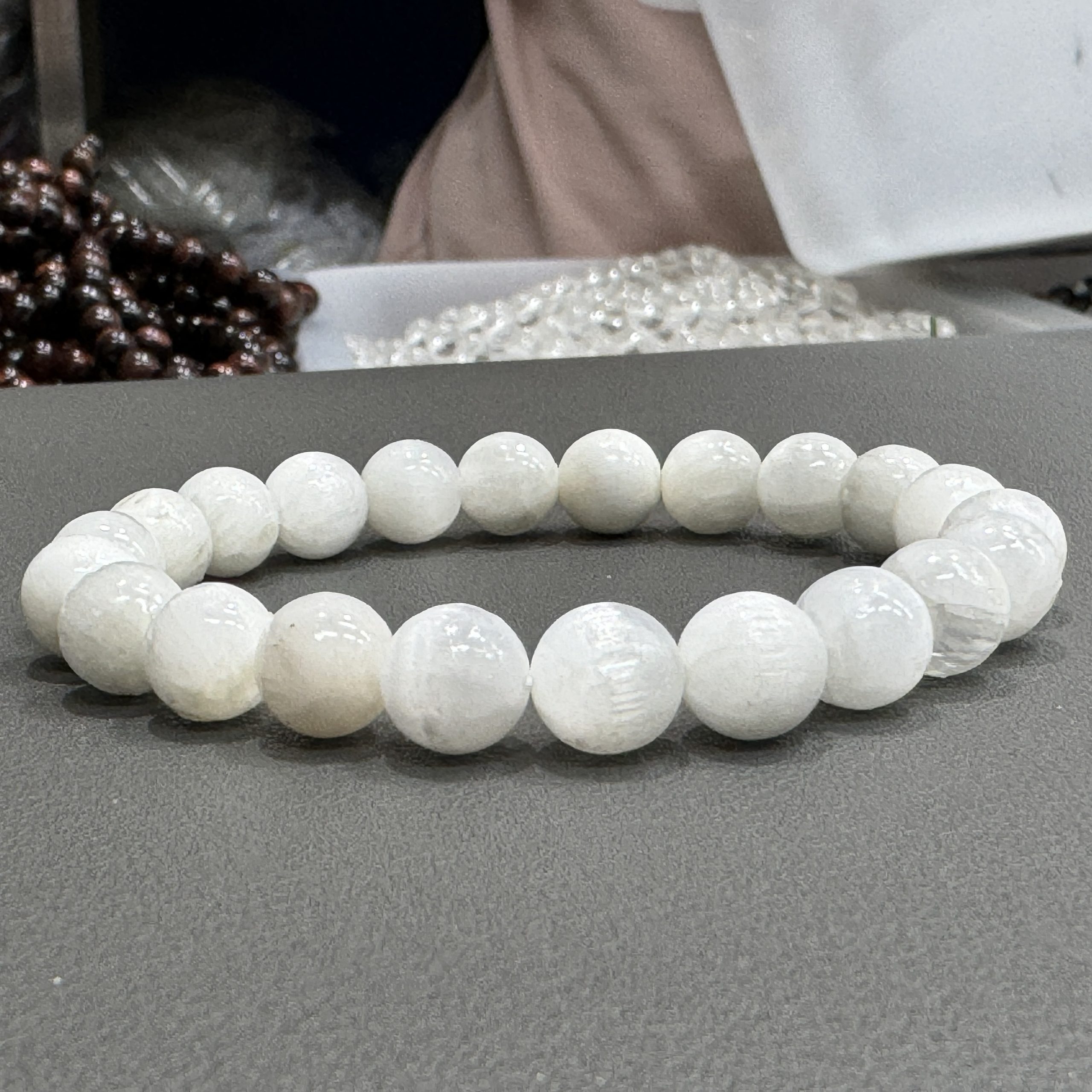 Natural selenite bracelet 8mm in size weighing approximately 20 grams